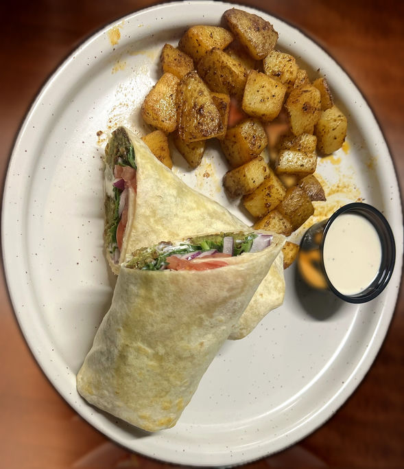 Falafel wrap with home fries